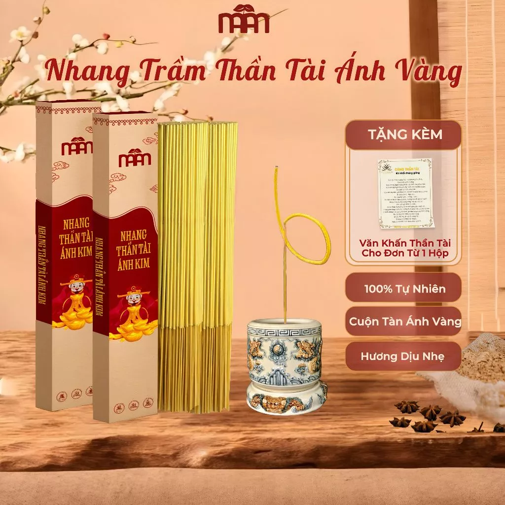 Nhang Thần Tài Cao Cấp, Nhang Cuộn Tàn Thần Tài Vàng Ánh Kim Ít Khói Hương Thơm Dễ Chịu Hộp 50 Nén