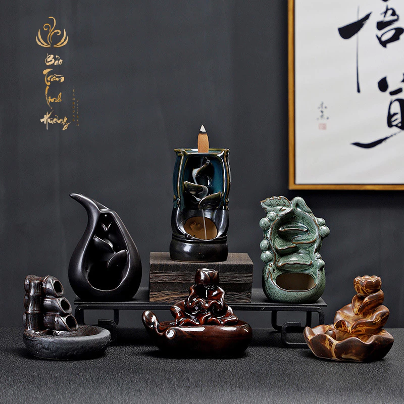( Bán Sỉ ) Thác Khói Nụ Trầm Hương [ HOÀNG ĐAN TEA ] Lư Xông Trầm Đốt Nhang Đồ Thờ Phong Thủy Phật Giáo Bằng Gốm Cao Cấp