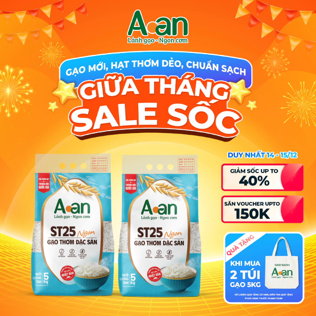 Combo 2 túi Gạo ST25 ngon túi 5kg - Thiết kế bao bì mới - Chính hãng Gạo sạch Aan