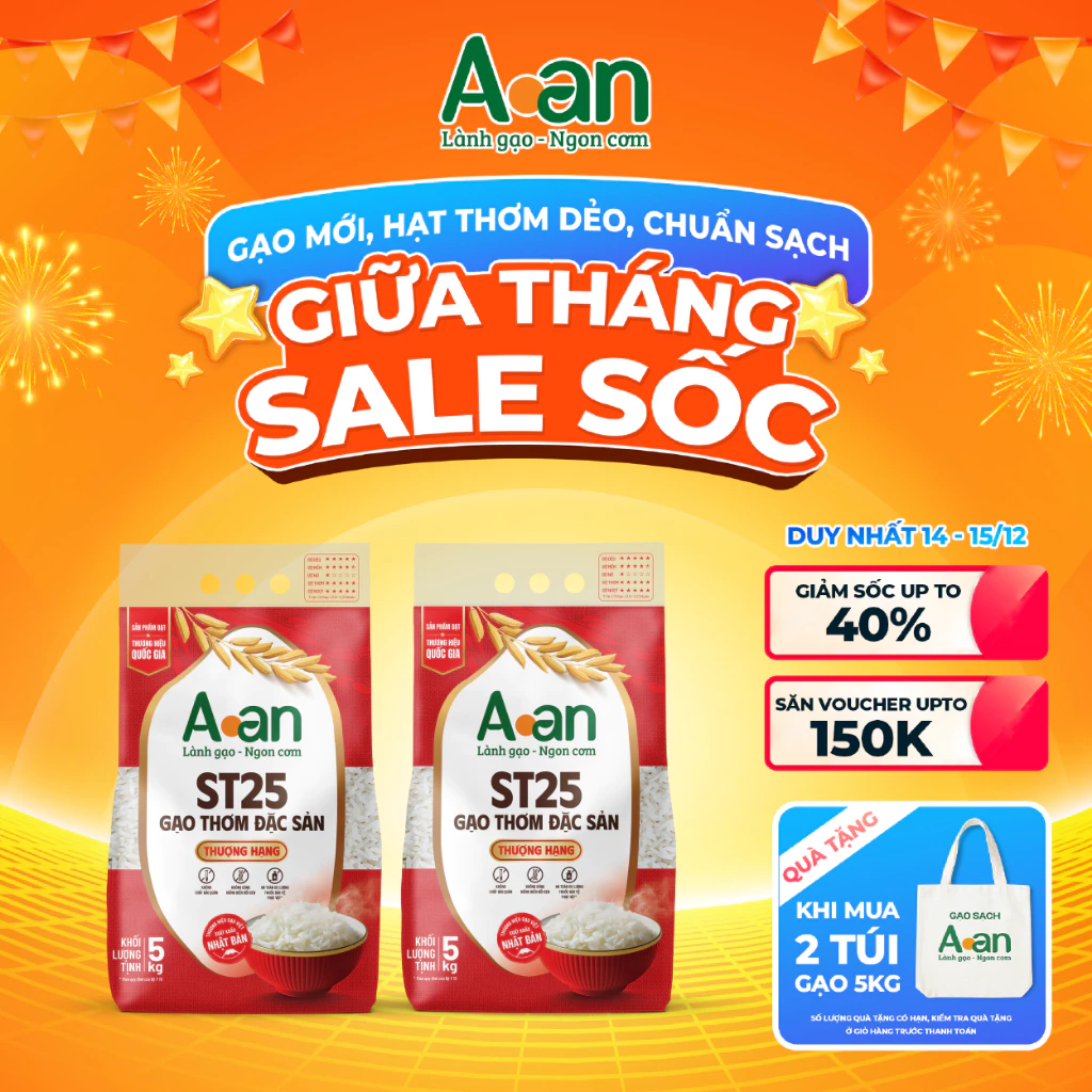 Combo 2 túi Gạo ST25 thượng hạng Aan túi 5kg - Bao bì mới - Chính hãng Gạo sạch Aan