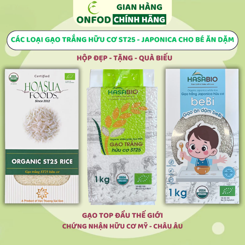 Gạo trắng hữu cơ ST25, Japonica, lứt đỏ 1kg Hoa Sữa ONFOD nấu cháo ăn dặm cho bé hộp đẹp