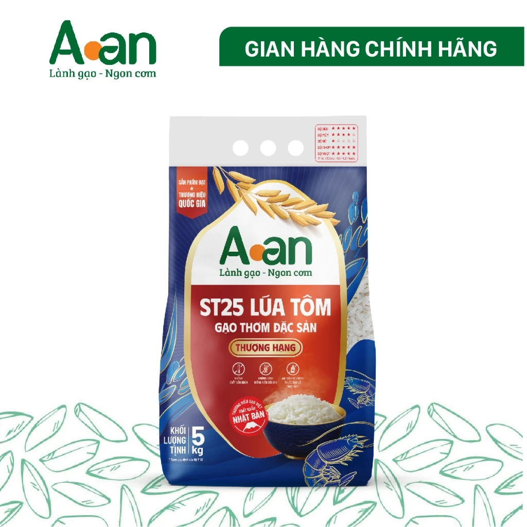 Gạo ST25 Lúa Tôm thượng hạng Aan Túi 5kg - bao bì mới - Chính hãng Gạo sạch Aan