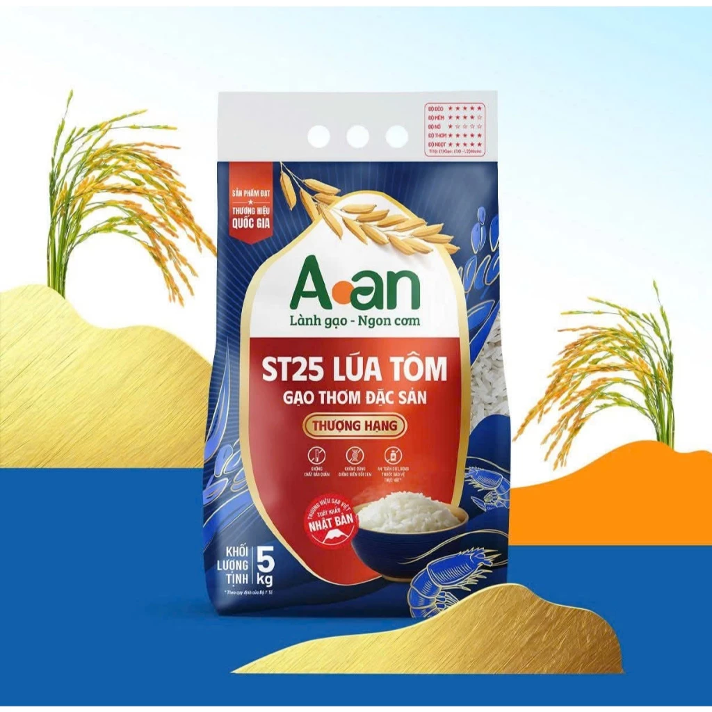 Gạo ST25 Lúa Tôm thượng hạng Aan Túi 5kg - bao bì mới - Chính hãng Gạo sạch Aan - 5