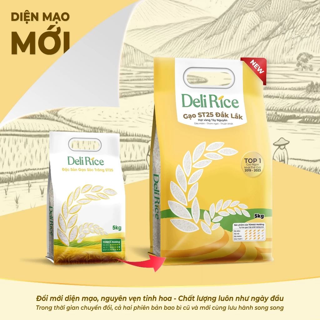 Gạo Đặc Sản ST25 Deli Rice thượng hạng, dẻo thơm túi 1kg, 5kg - TOMAX