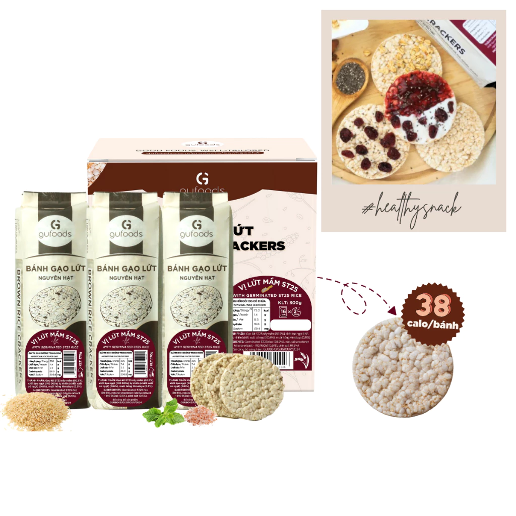 Bánh gạo lứt mầm ST25 GUfoods (bánh mầm) - Giàu chất xơ & GABA tự nhiên, Không chiên dầu, Không đường (170g/300g/510g)