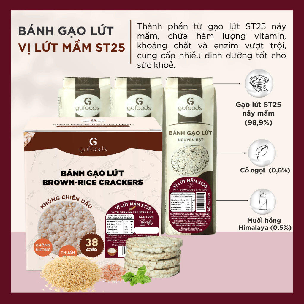 Bánh gạo lứt mầm ST25 GUfoods (bánh mầm) - Giàu chất xơ & GABA tự nhiên, Không chiên dầu, Không đường (170g/300g/510g) - 2