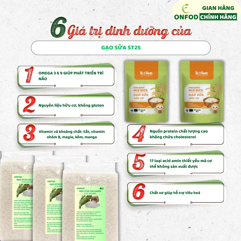 Gạo sữa ăn dặm cho bé ST25 Collagen hữu cơ ONFOD nấu cơm cháo ăn kiêng giảm cân cho người tiểu đường eat clean - 2