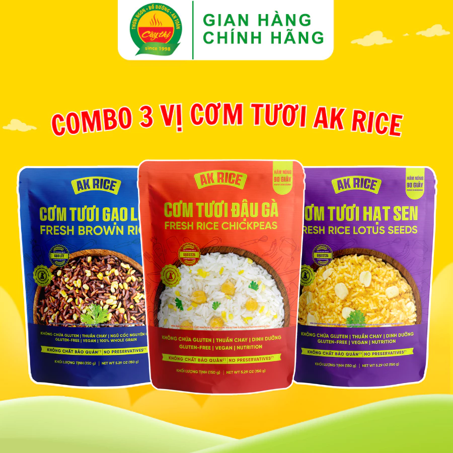 COMBO 3 Vị Cơm Tươi AK Rice Thuần Chay Thơm Ngon Mền Dẻo Từ Gạo ST25 Gạo Lứt Đỏ