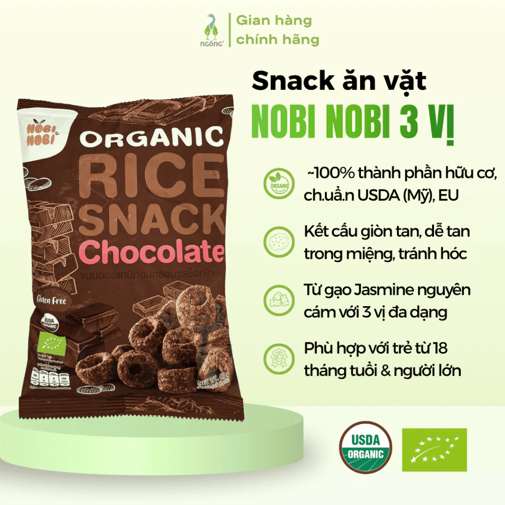 Snack Ăn Vặt Nobi Nobi Hữu Cơ Từ Gạo Jasmine Không Chiên Dầu Healthy Cho Bé Từ 18 Tháng Vị Sô Cô La/Phô Mai/Truyền Thống