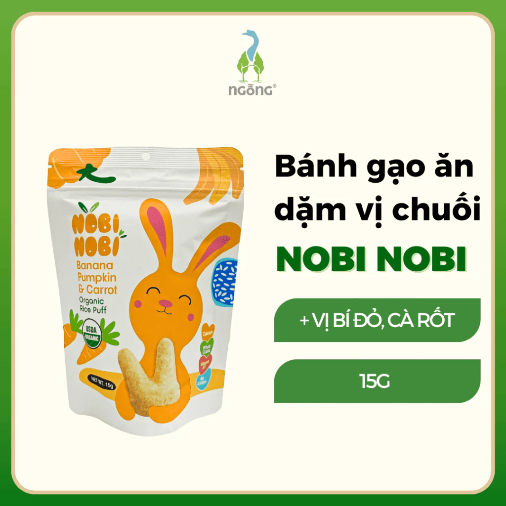 Bánh gạo ăn dặm cho bé 8 tháng+ Nobi Nobi hữu cơ Mỹ vị chuối bí đỏ cà rốt từ gạo Jasmine giàu vitamin khoáng chất 15g