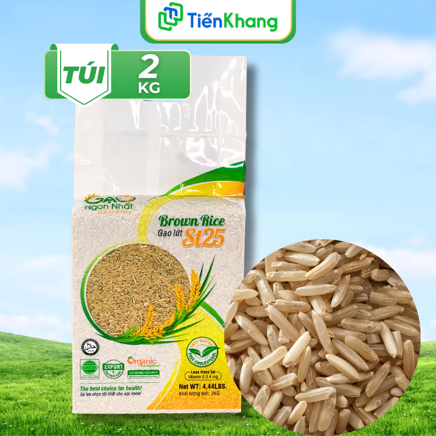 Gạo lứt ST25 hữu cơ - Túi 2kg - Gạo lứt trắng mềm dẻo xuất khẩu - Ăn lành mạnh, healthy, ăn thực dưỡng Tiến Khang