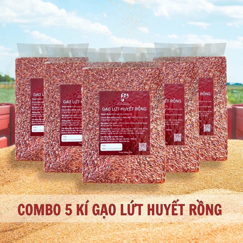Combo 5 Kí Gạo Lứt Huyết Rồng Hữu Cơ - Gạo Lứt Đỏ Huyết Rồng Ăn Kiêng Giảm Cân Hút Chân Không