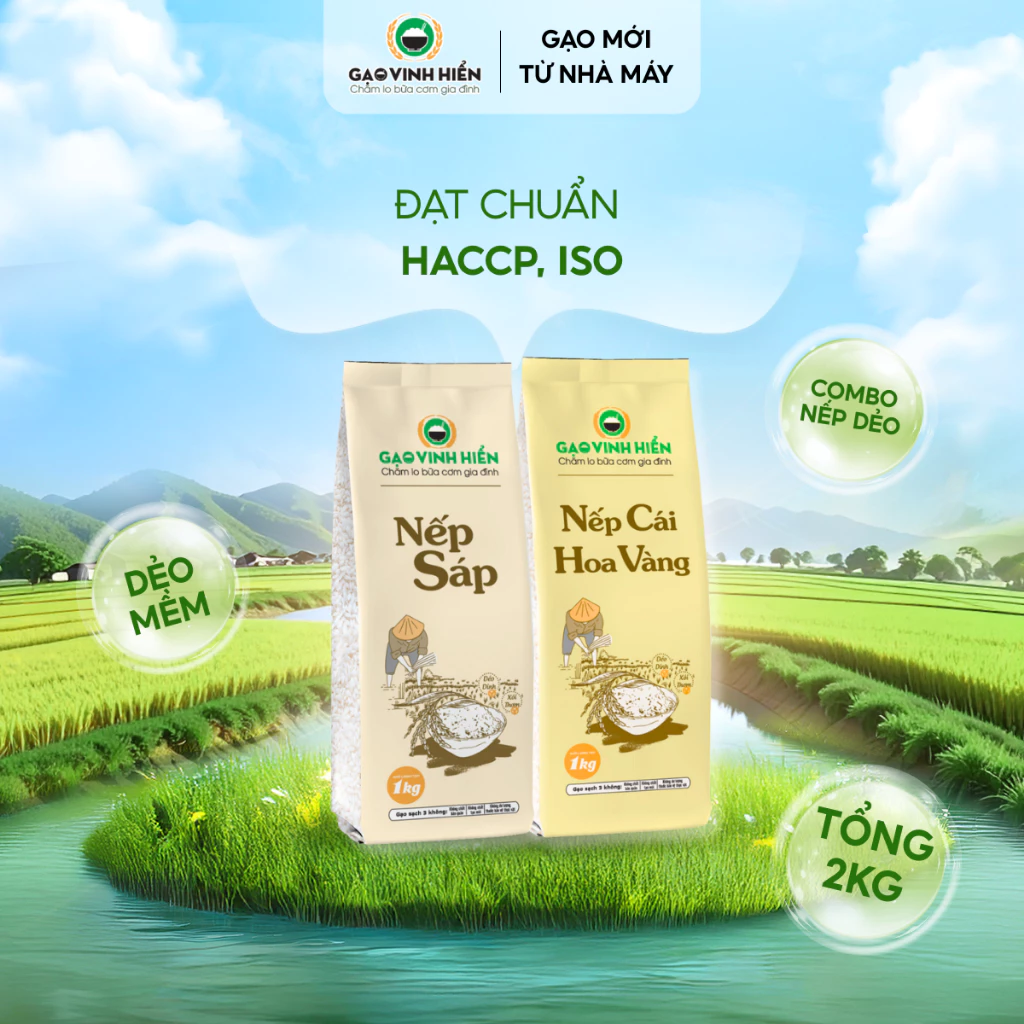 [2 LOẠI NẾP] Combo Nếp Cái Hoa Vàng 1KG và Nếp Sáp 1KG Vinh Hiển - Thơm, dẻo, mềm ngon