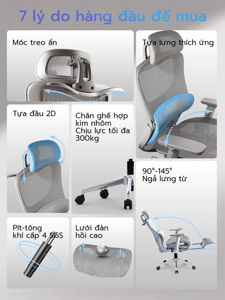 Xpanse Ghế công thái học 155° tựa lưng, hỗ trợ thắt lưng α, lưới thoáng khí, đệm dày nâng cấp, tay vịn 4D - 6