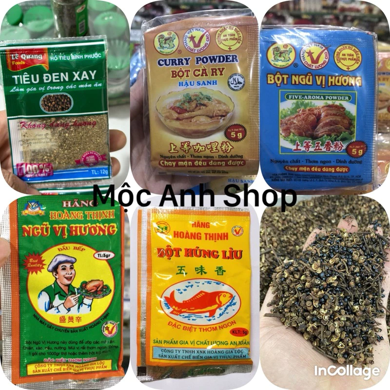 Bột húng lìu, bột ngũ vị hương, hạt mắc kén , bột ca ri, bột ngũ vị hương vỏ xanh, hạt tiêu đen