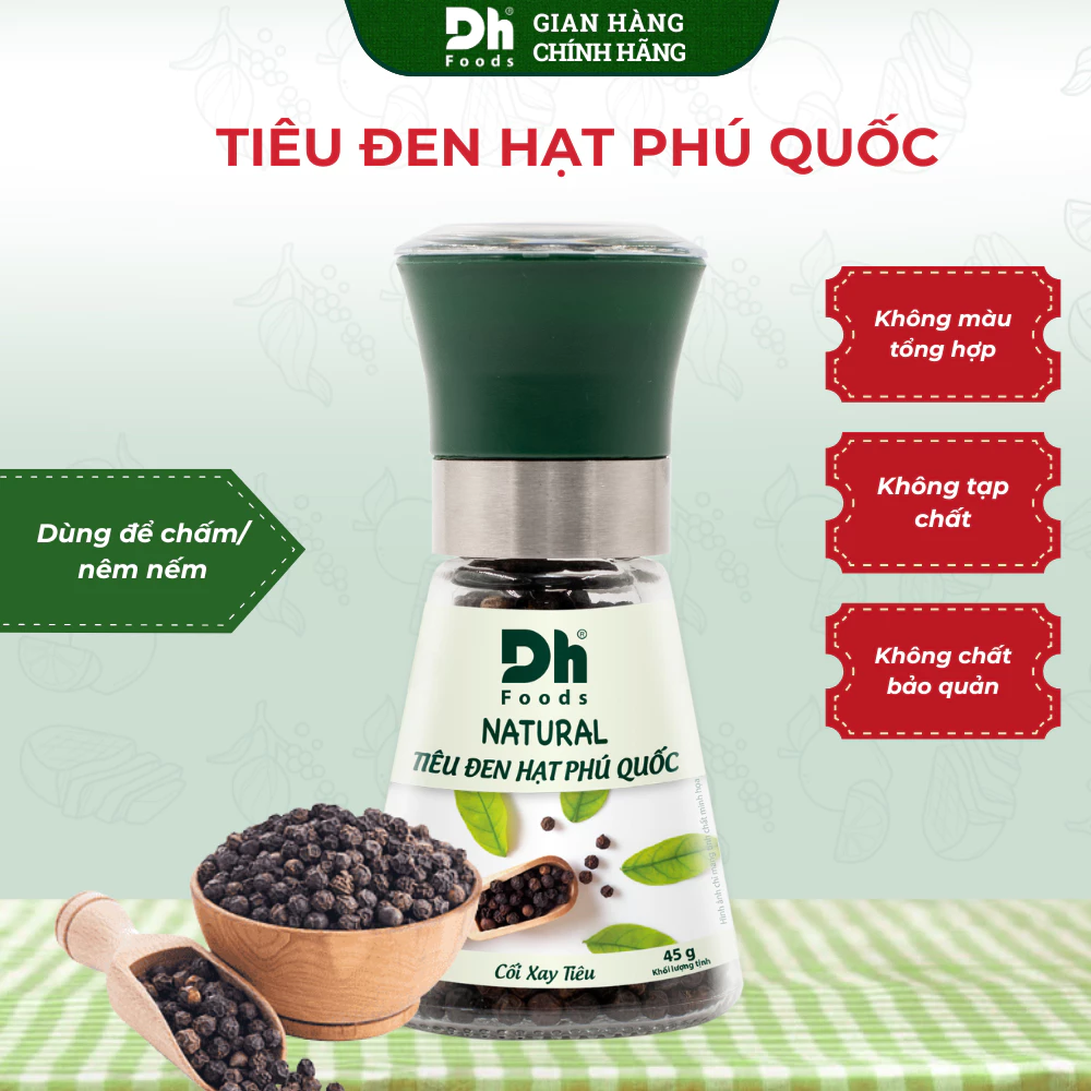 Natural tiêu đen hạt Phú Quốc - Cối xay tiêu 45gr Dh Foods - nêm ướp chế biến món ăn