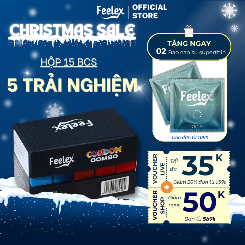 Combo bao cao su Feelex siêu mỏng 5 trong 1 đa dạng, nhiều tính năng, nhiều gel bôi trơn - 15 chiếc bcs