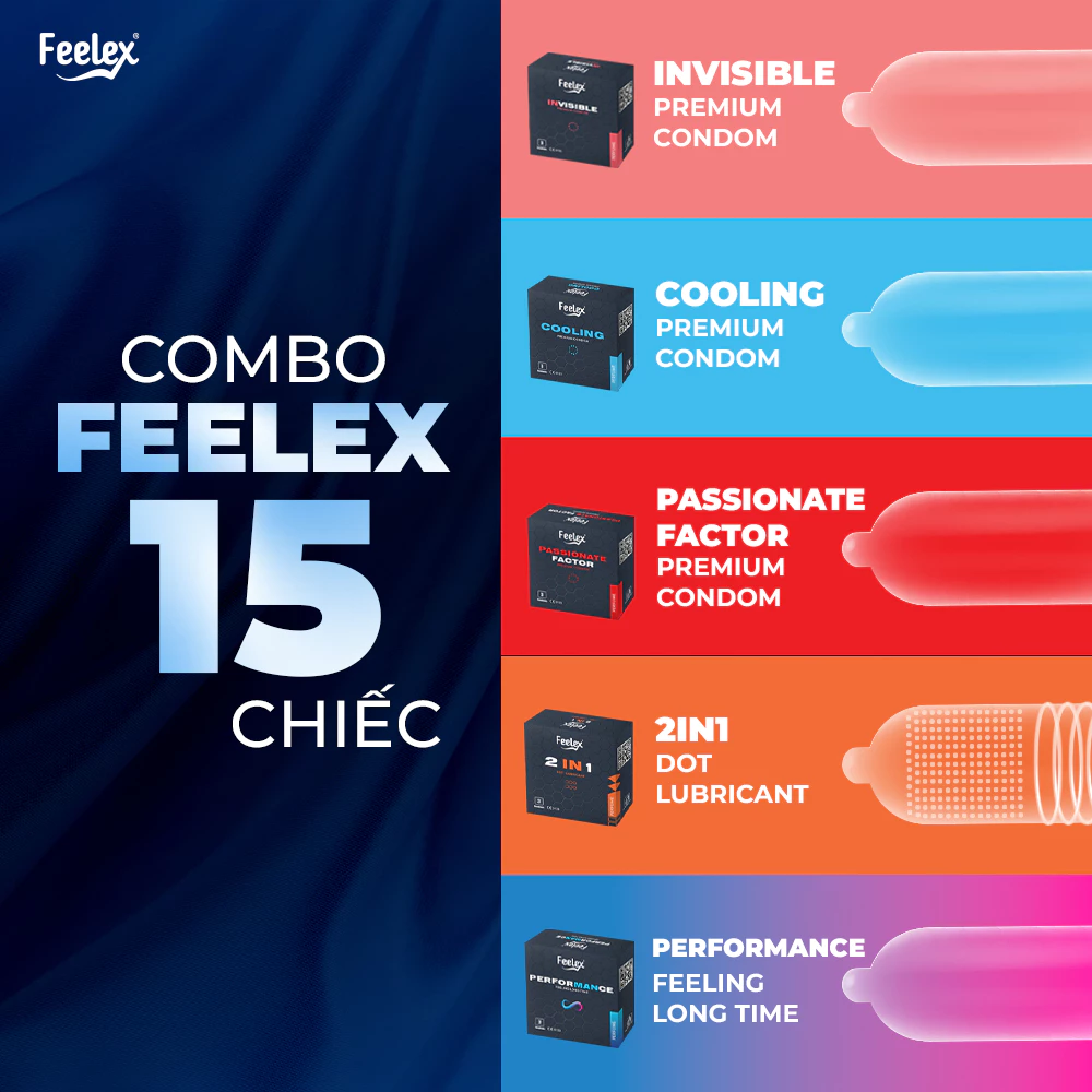 Combo bao cao su Feelex siêu mỏng 5 trong 1 đa dạng, nhiều tính năng, nhiều gel bôi trơn - 15 chiếc bcs - 2