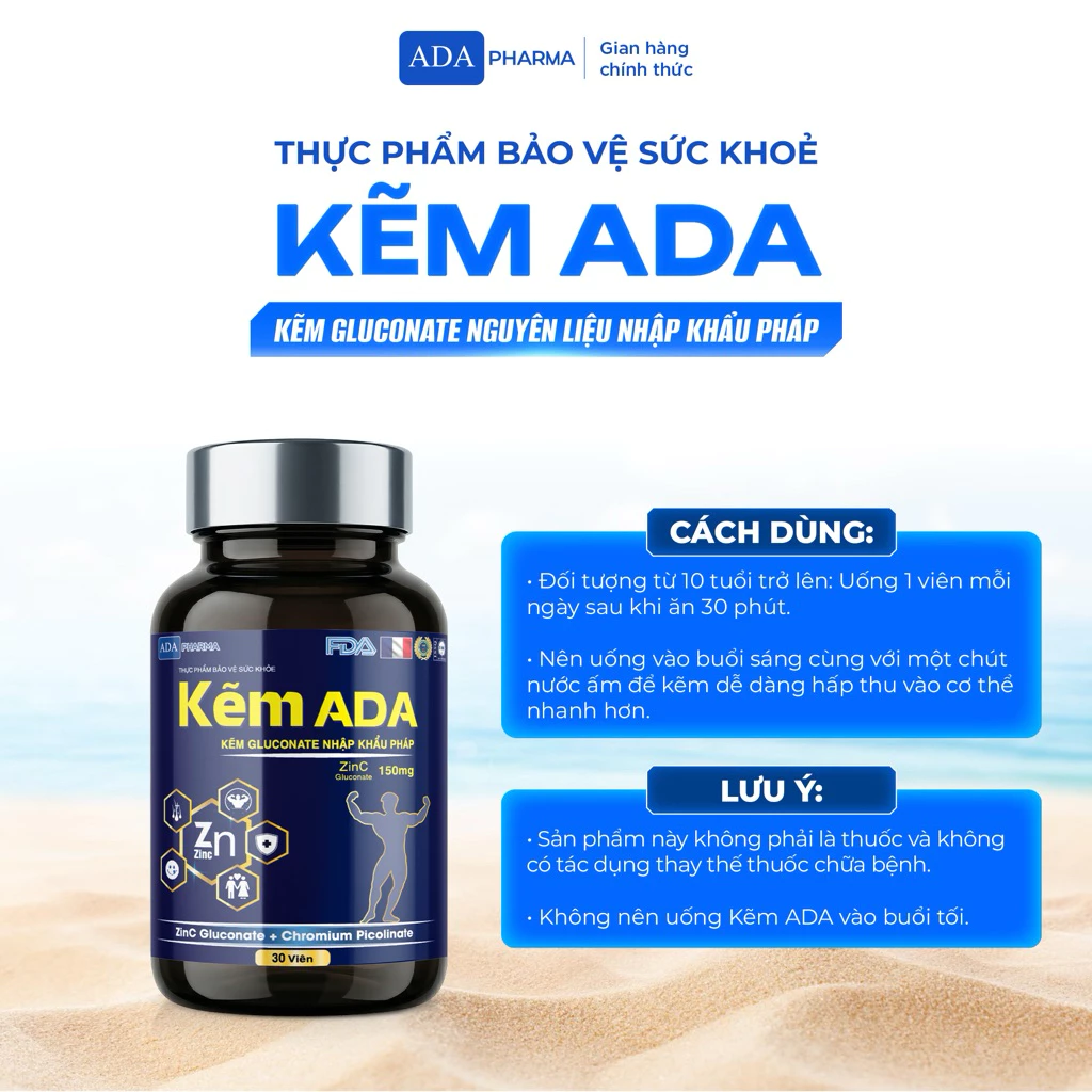Kẽm ADA 150mg Gluconate Nguyên Liệu Nhập Pháp - Hỗ trợ tăng cường sức khỏe, đề kháng + Quà tặng - 3