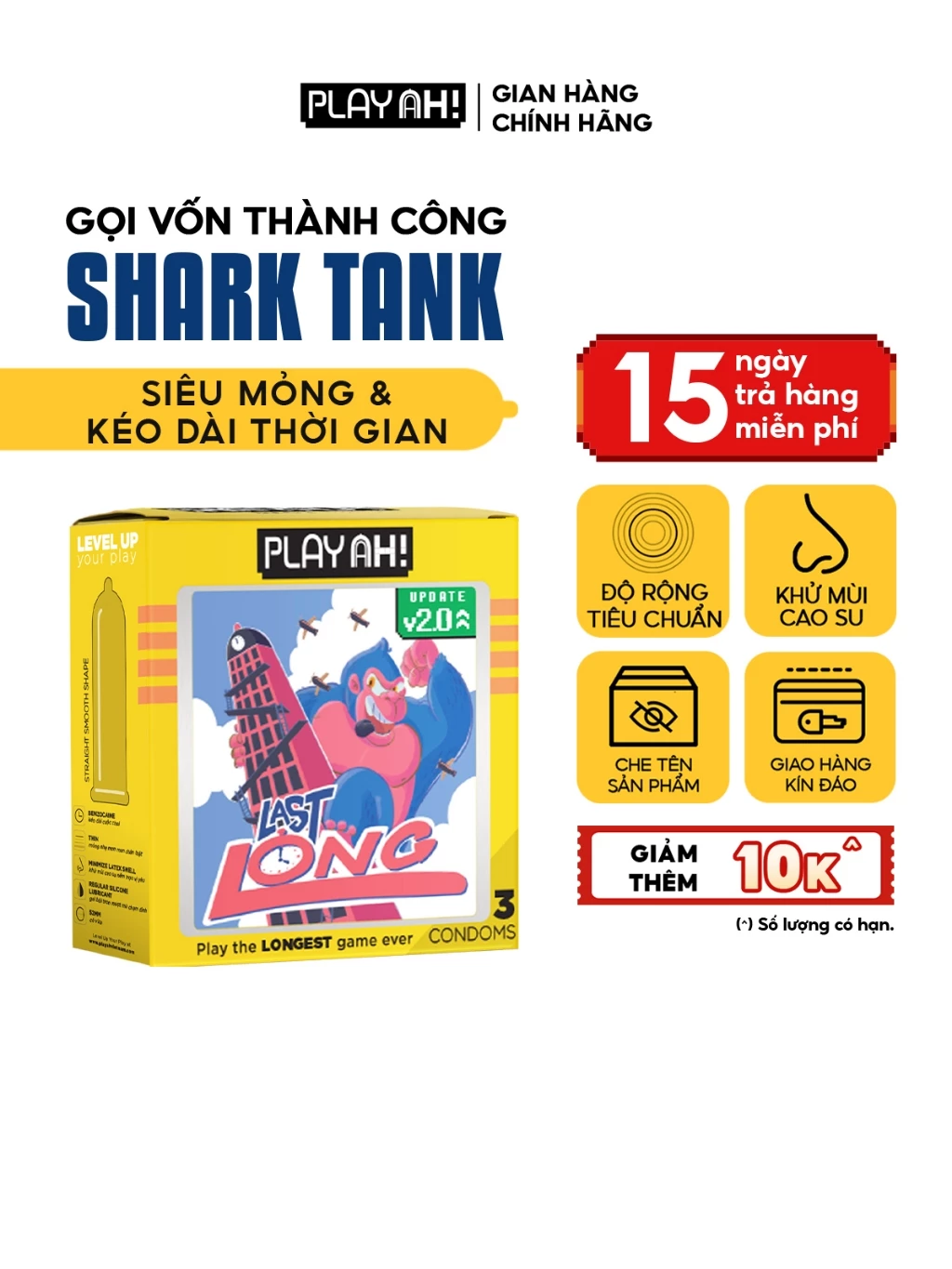 Bao Cao Su PlayAh Last Long Siêu Mỏng Kéo Dài Quan Hệ Thời Gian Hộp 3/Hộp 10 size 52mm