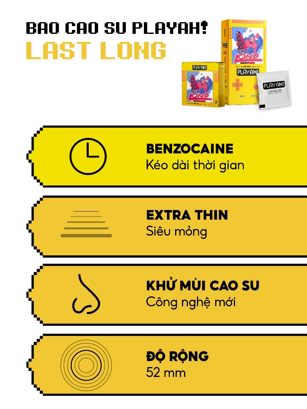 Bao Cao Su PlayAh Last Long Siêu Mỏng Kéo Dài Quan Hệ Thời Gian Hộp 3/Hộp 10 size 52mm - 3