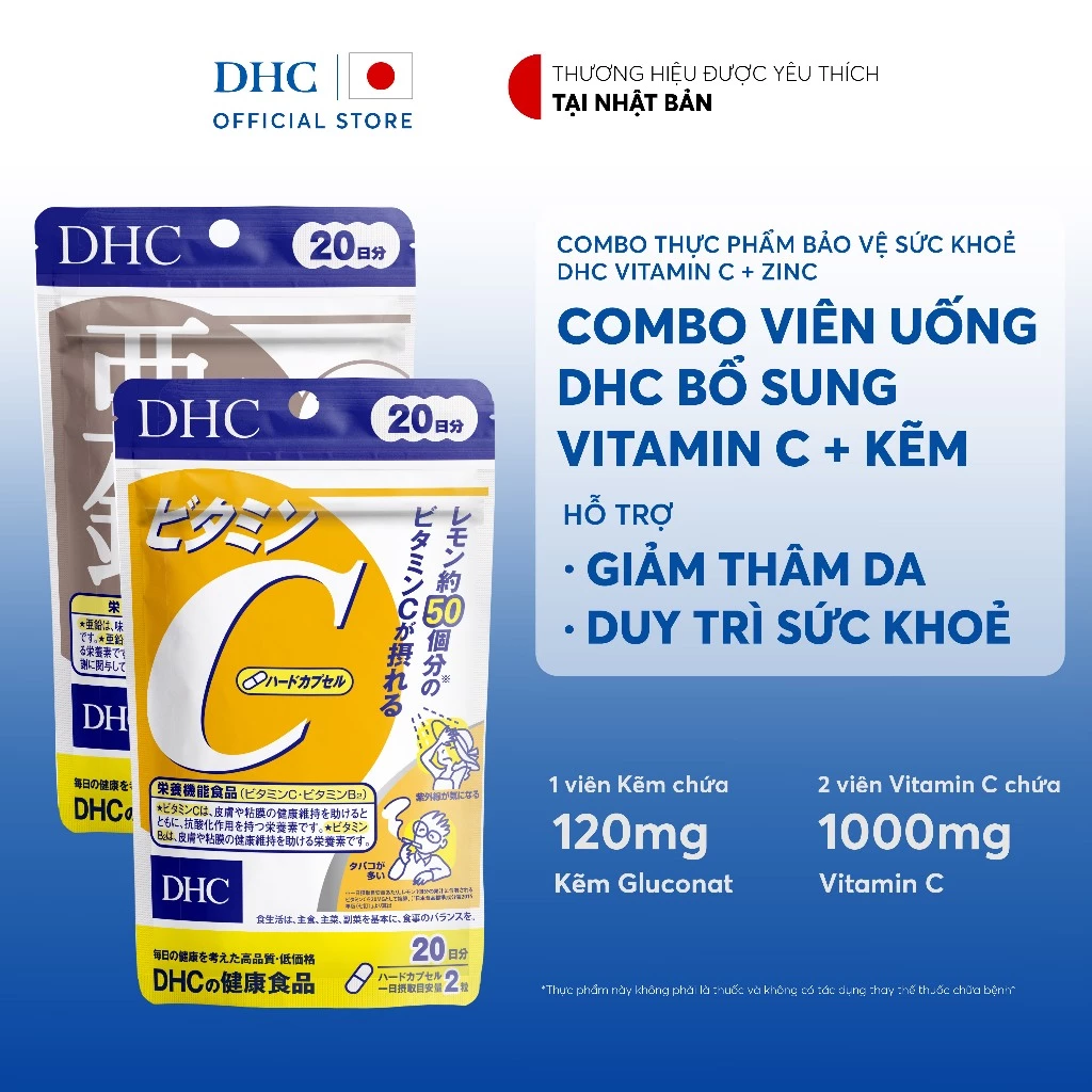 Combo Viên uống DHC Vitamin C + Kẽm hỗ trợ giảm thâm, sáng da & duy trì sức khoẻ (20 ngày) - TPBVSK DHC Vitamin C + Zinc