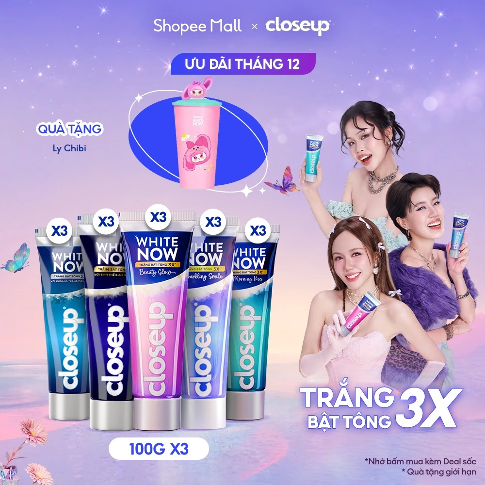 Combo 3 Kem đánh răng Closeup White Now - Trắng Bật Tông 3X TỨC THÌ với Công nghệ Ánh Sáng Xanh 100g