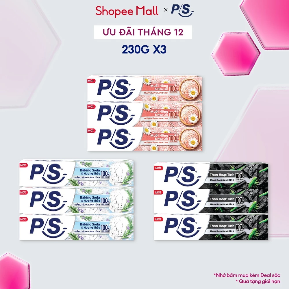 Bộ 3 Kem đánh P/S Răng Trắng Lành Tính - 100% Kiểm Chứng 230g/hộp