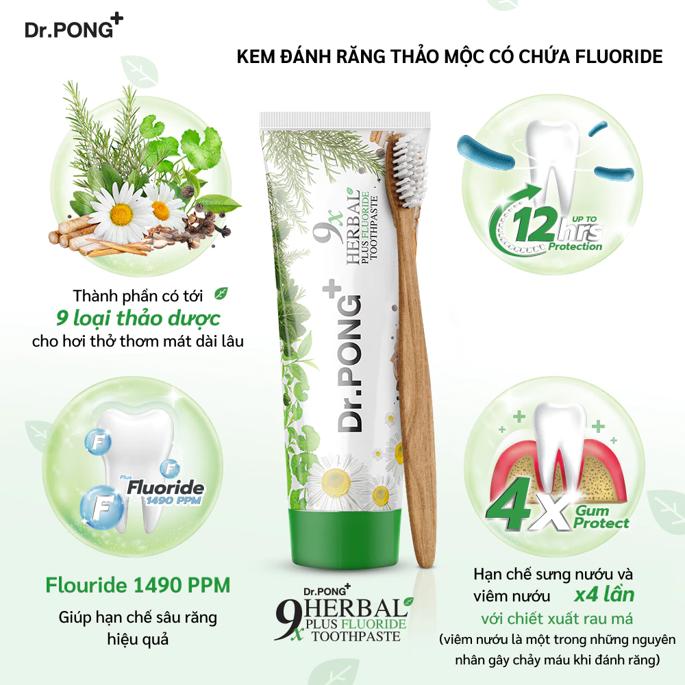 Kem đánh răng 9 loại thảo dược hỗ trợ giảm viêm lợi, hỗ trợ giảm mùi hôi miệng Dr.PONG 9x herbal plus fluoride toothpast - 3