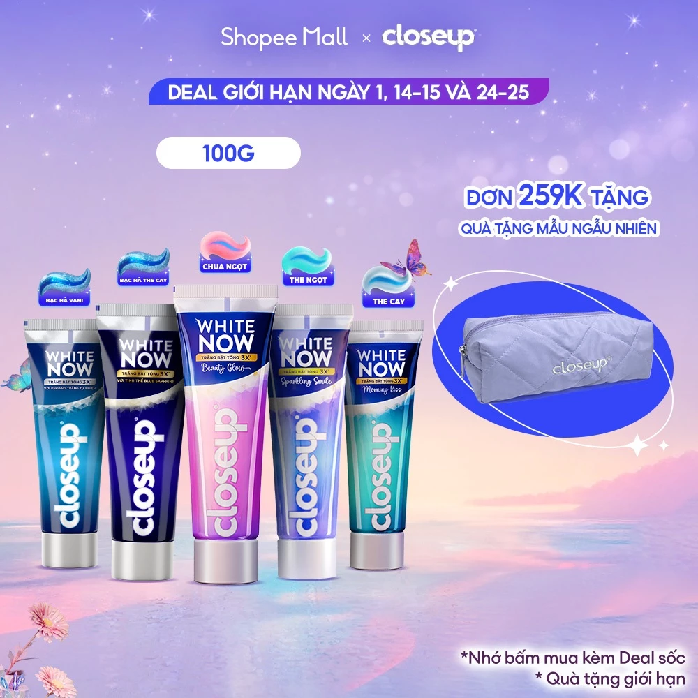 Kem đánh răng Closeup White Now - Trắng Bật Tông 3X TỨC THÌ với Công nghệ Ánh Sáng Xanh 100g