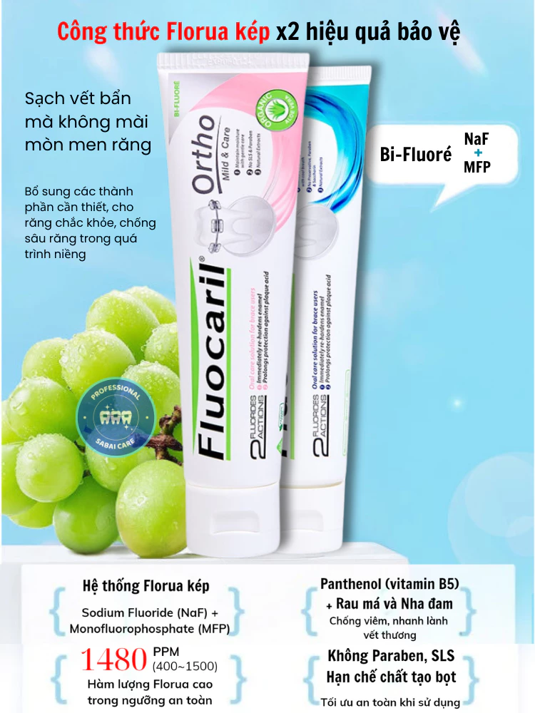 Kem đánh răng cho người niềng răng Sabai Fluocaril Thái Lan, kem đánh răng ngừa sâu răng, bảo vệ men răng Sabai Care