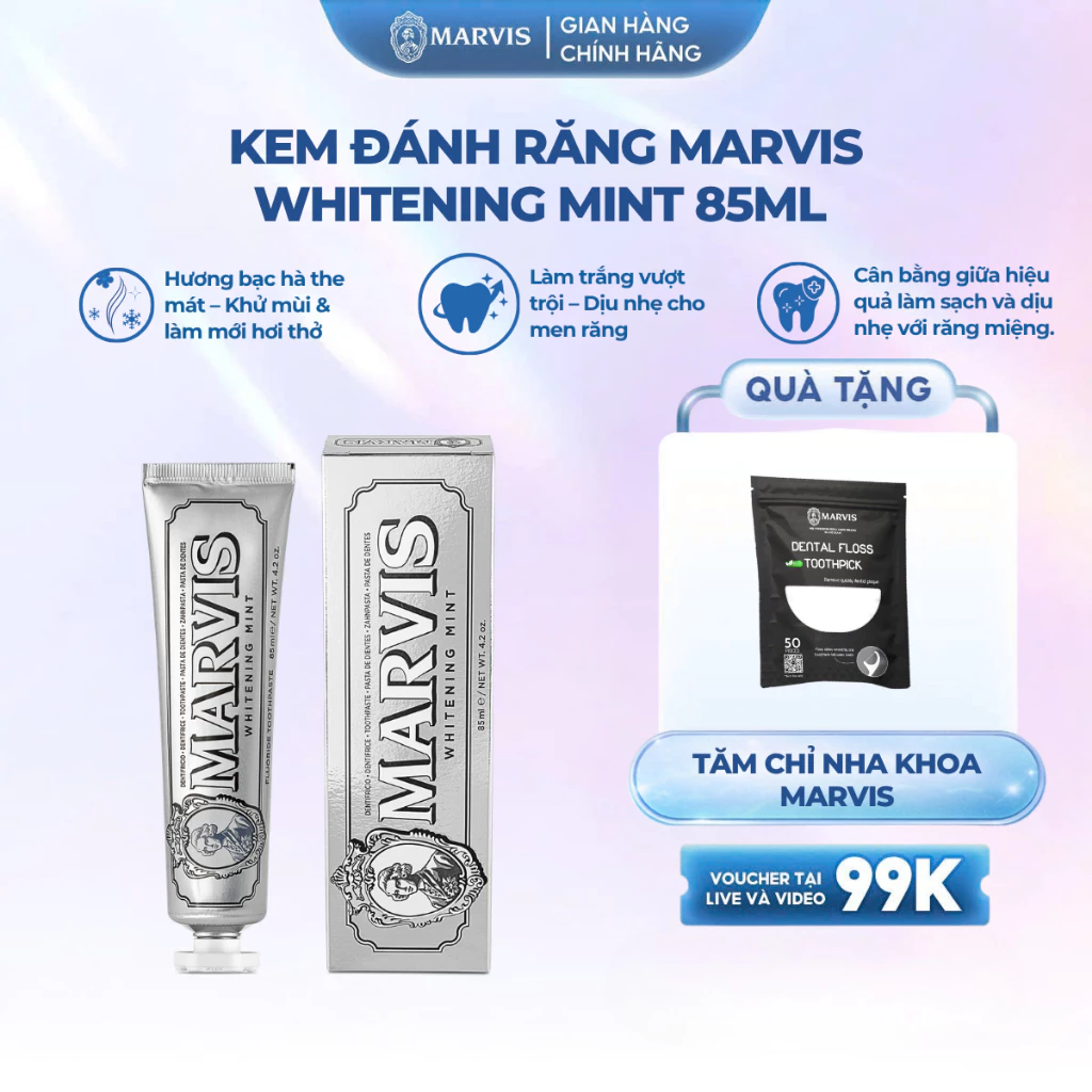 Kem đánh răng Marvis Whitening 85ML - Kem đánh răng Ý làm trắng, giảm mảng bám, bảo vệ răng miệng
