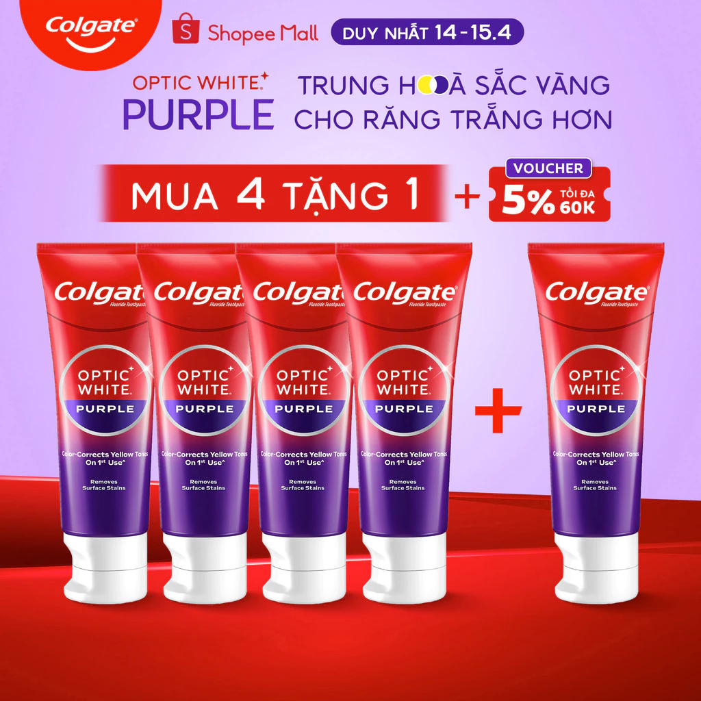 Bộ 4 Kem Đánh Răng Colgate trắng răng Optic White Purple 100g công nghệ sắc tím, trung hòa ố vàng tức thì