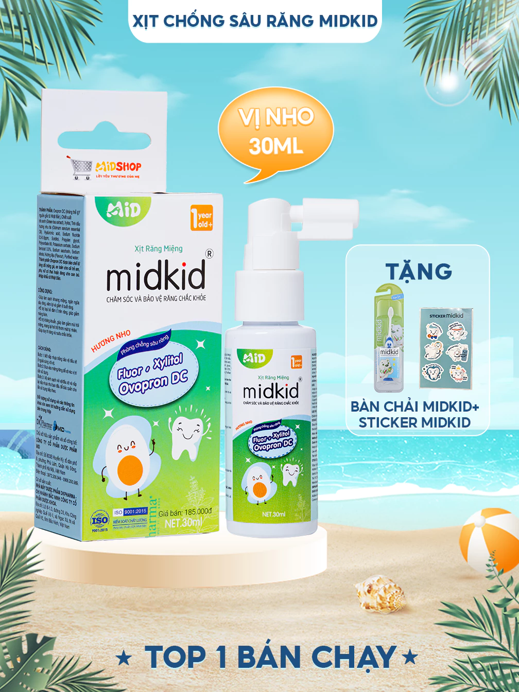 Xịt chống sâu răng Midkid vị Nho 30ml cho bé từ 1 tuổi giúp làm sạch mảng bám ô vàng bảo vệ men răng