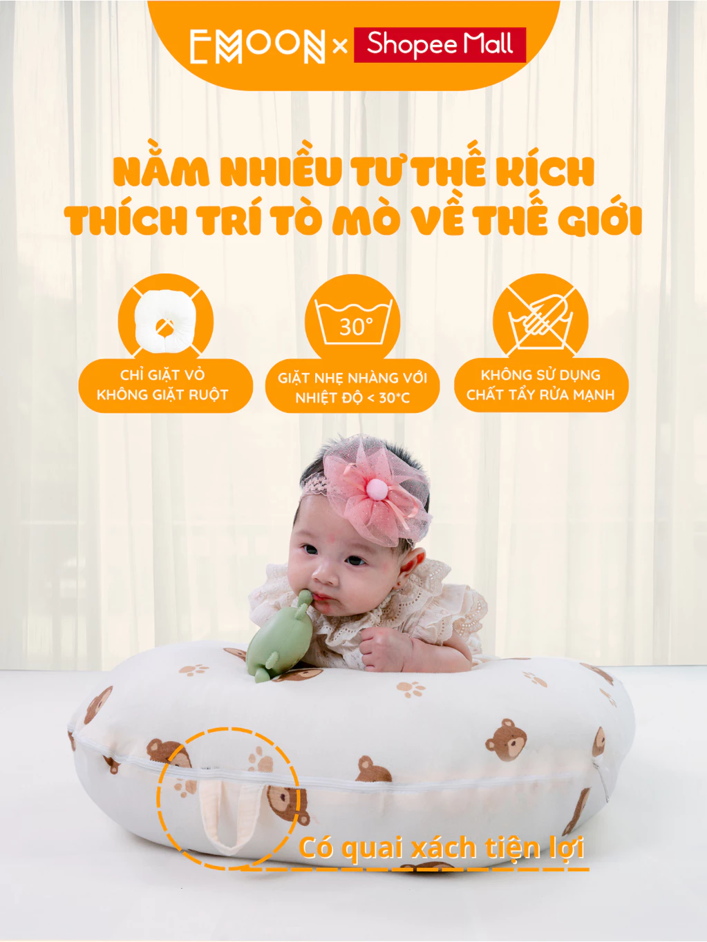 Gối chống trào ngược EMOON, chất liệu muslin cao cấp thấm hút mồ hôi an toàn cho bé giảm thiểu tình trạng nôn trớ sau ăn - 3