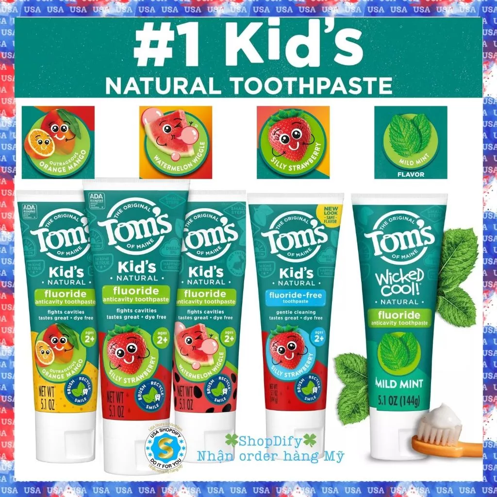 Kem Đánh Răng Trẻ Em 100% Tự Nhiên Của Mỹ Cho Bé TOM'S OF MAINE kid toothpaste Dâu Cam xoài Nho Dưa hấu Việt quất 144g