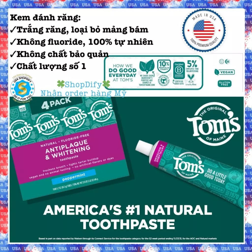 (Mỹ) Kem đánh răng tự nhiên làm trắng răng, loại bỏ mảng bám Tom's of Maine Antiplaque & Whitening Natural Fluoride-free - 2