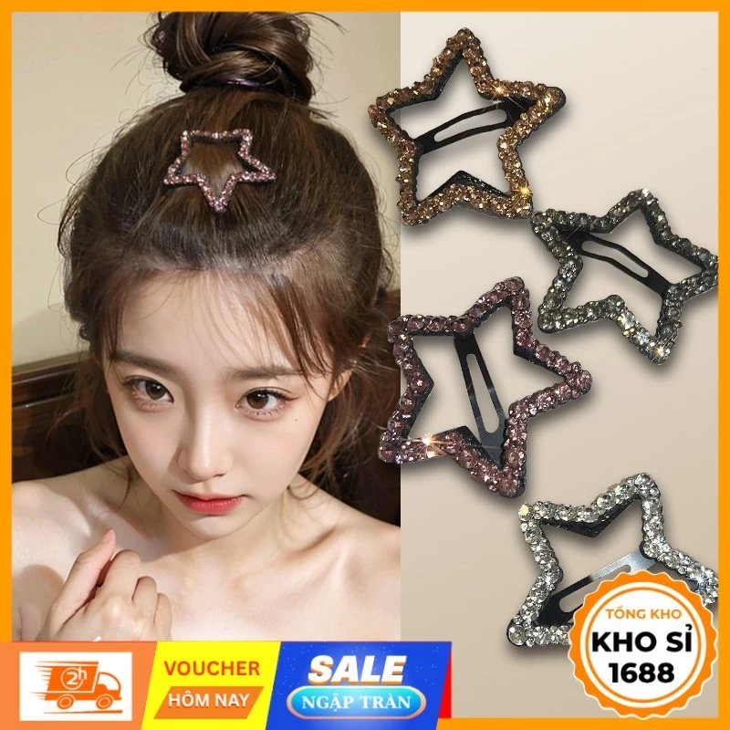 Kẹp tóc hình ngôi sao đính đá cao cấp cho nữ, kẹp tóc mái, phụ kiện tóc Hàn Quốc, cặp tóc mái E1863
