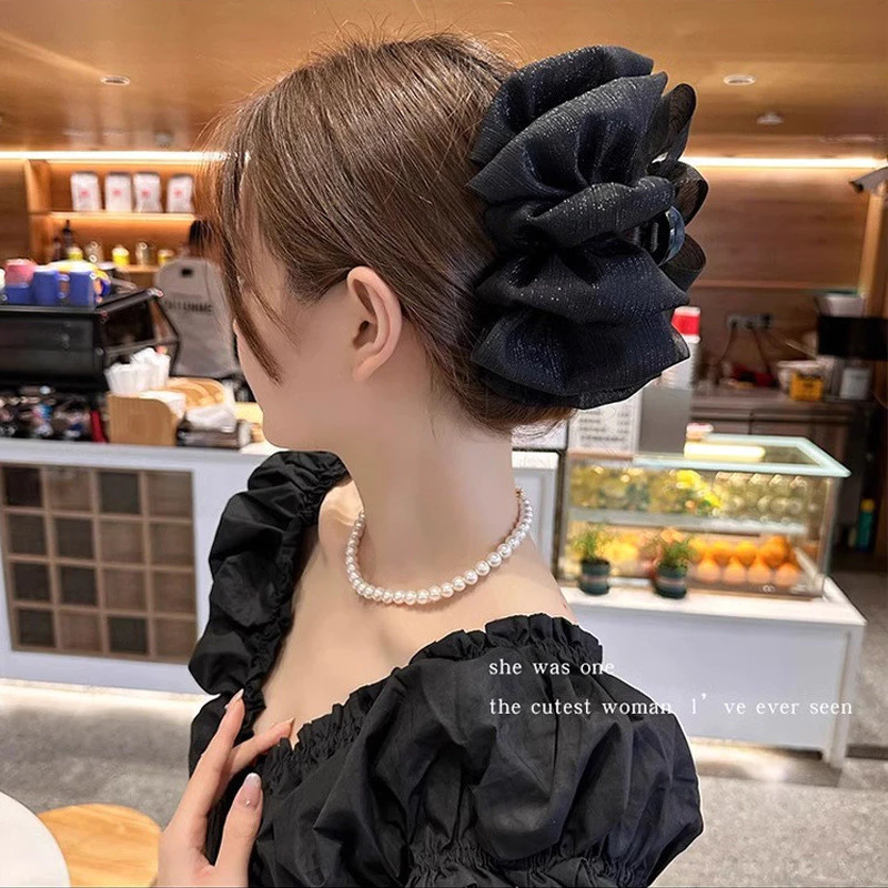 Ahellogirl Lưới Nơ Lấy Kẹp Cảm Giác Nâng Cao Tính Khí Kẹp Tóc Nữ Lưng Đầu Tấm Tóc Cá Mập Lớn Kẹp Thẻ Tóc Mũ Đội Đầu Phụ Kiện Tóc - 4