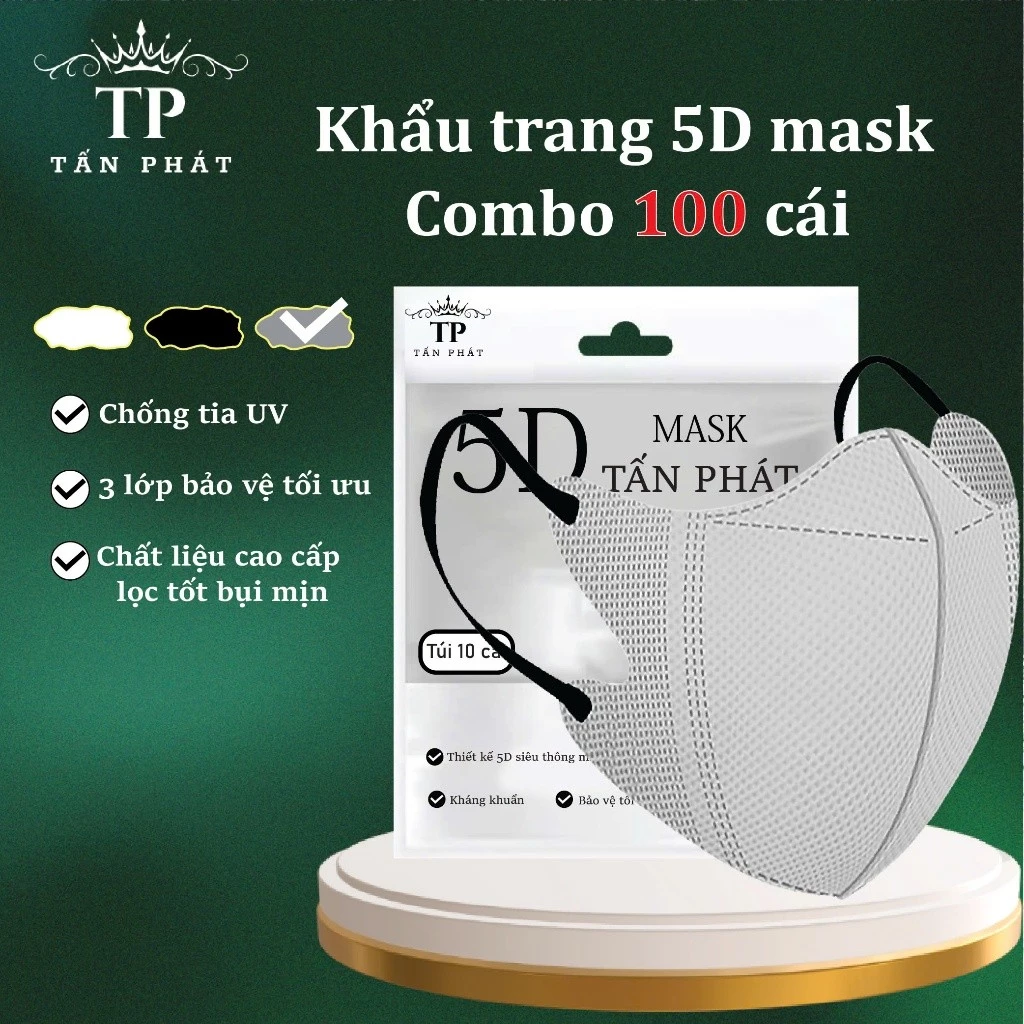 [Combo 100 Cái] Khẩu Trang 5D Tấn Phát,3 Lớp Kháng Khuẩn,Chống Nắng,3 Màu Trắng ,Đen,Xám - 3