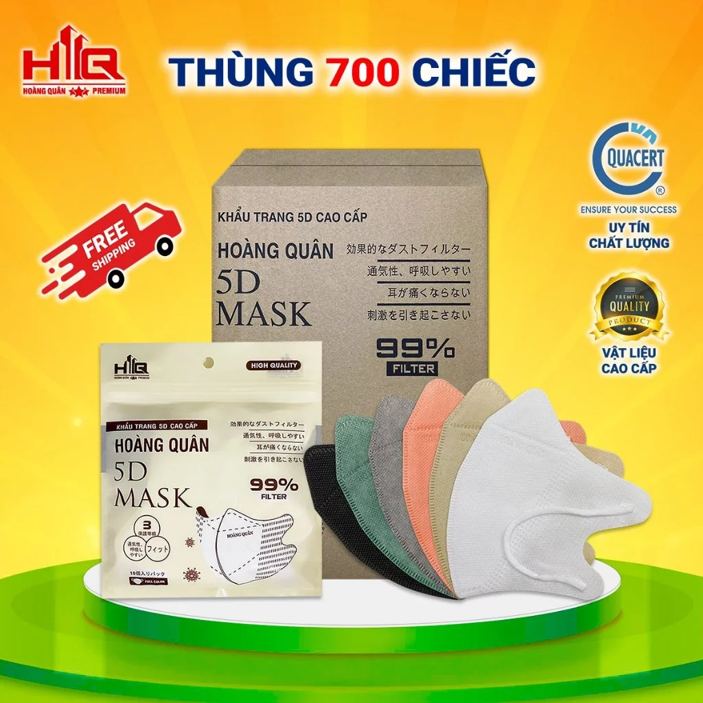 Khẩu Trang [ Thùng 700 Cái ] 5D Hoàng Quân Kháng Giọt , Bụi , Tia UV 3 Lớp Hàng Chính Hãng