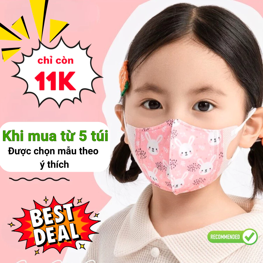 Set 50cái khẩu trang y tế trẻ em 5D in hình họa tiết cho bé từ 0 - 2 tuổi , 3 - 6 tuổi - 2