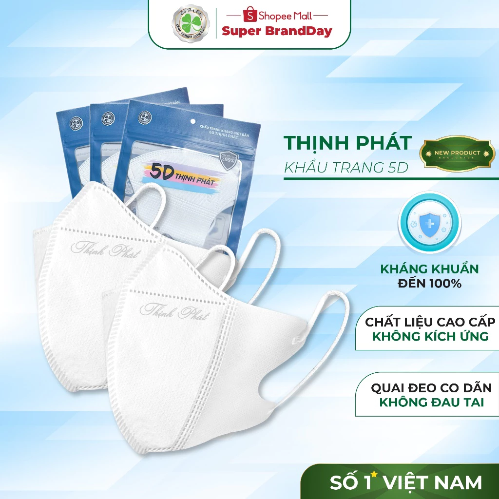 200 chiếc khẩu trang Thịnh Phát 5D 3 lớp kháng khuẩn chống bụi mịn chống nắng hiệu quả Cỏ Ba Lá
