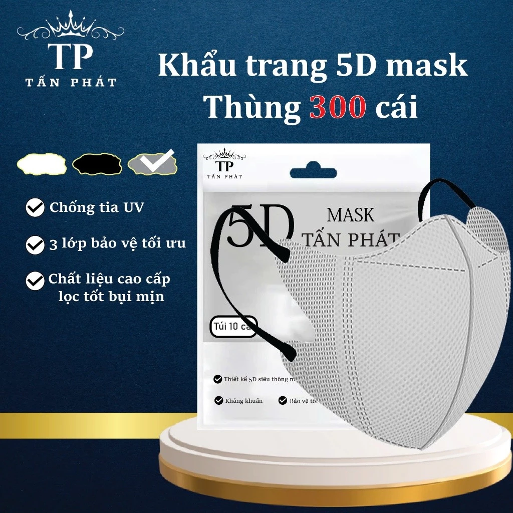 [Thùng 500 Cái] Khẩu Trang 5D Tấn Phát,3 Lớp Kháng Khuẩn,Chống Nắng,3 Màu Trắng ,Đen,Xám - 3