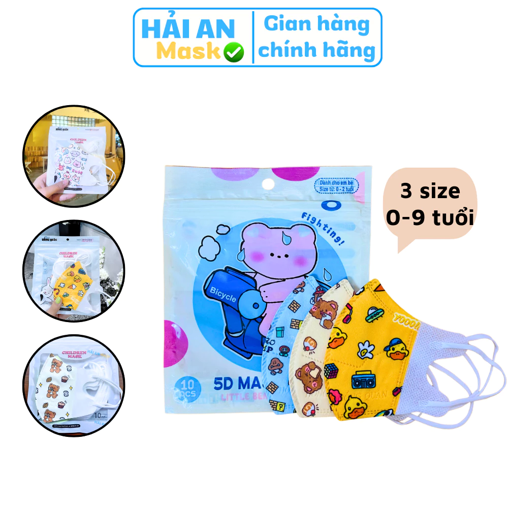 Khẩu trang cho bé 5d Hải An Mask vải lụa mềm mịn có đầy đủ 3 size từ 0-9 tuổi