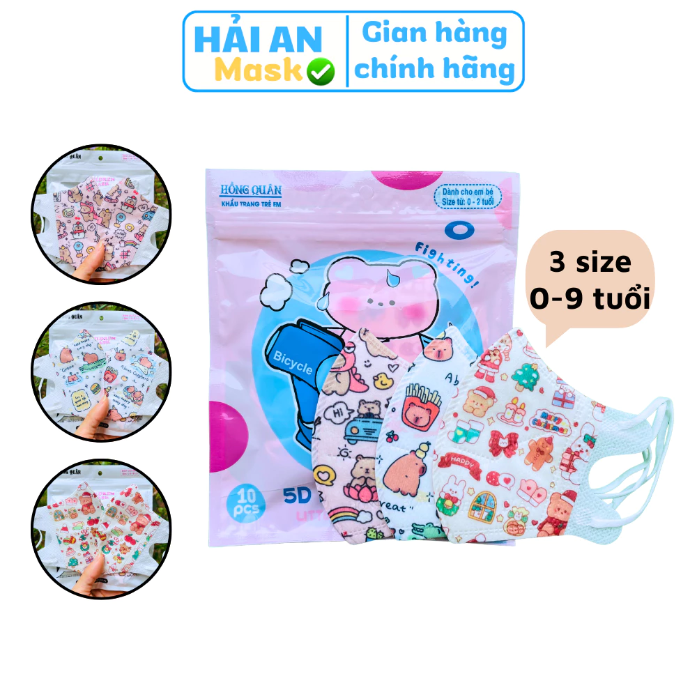 Khẩu trang 5d cho bé vải lụa 3 size từ 0 đến 9 tuổi nhiều hình chất liệu mềm mịn thoáng mát