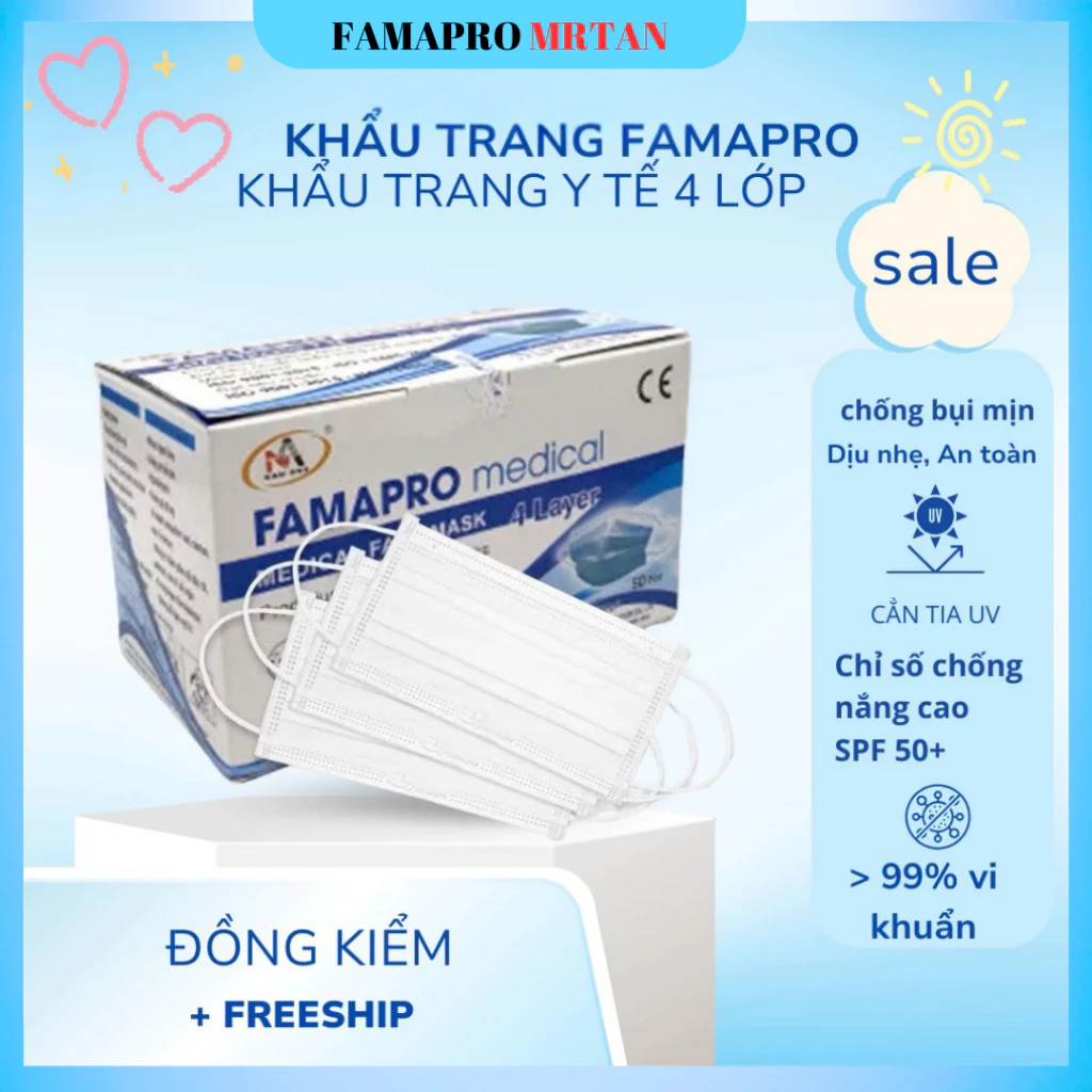 Khẩu trang y tế 4 lớp mỗi hộp 50 chiếc chính hãng FAMAPRO hộp 50 chiếc chính hãng