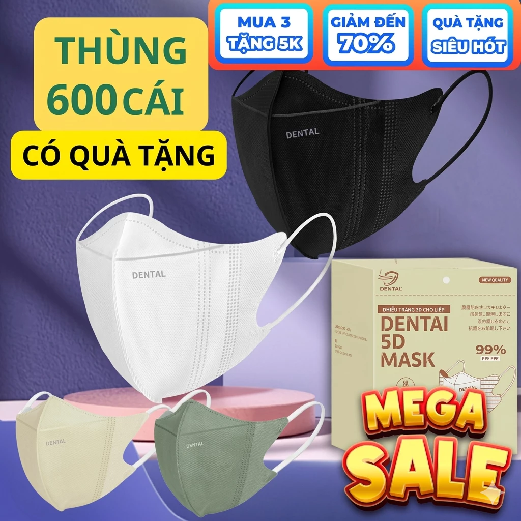 (Tặng 10 cái )Thùng 600- 400 Cái khẩu trang 5D DENTAL MASK chính hãng chống tia Uv,Nắng và Bụi Mịn