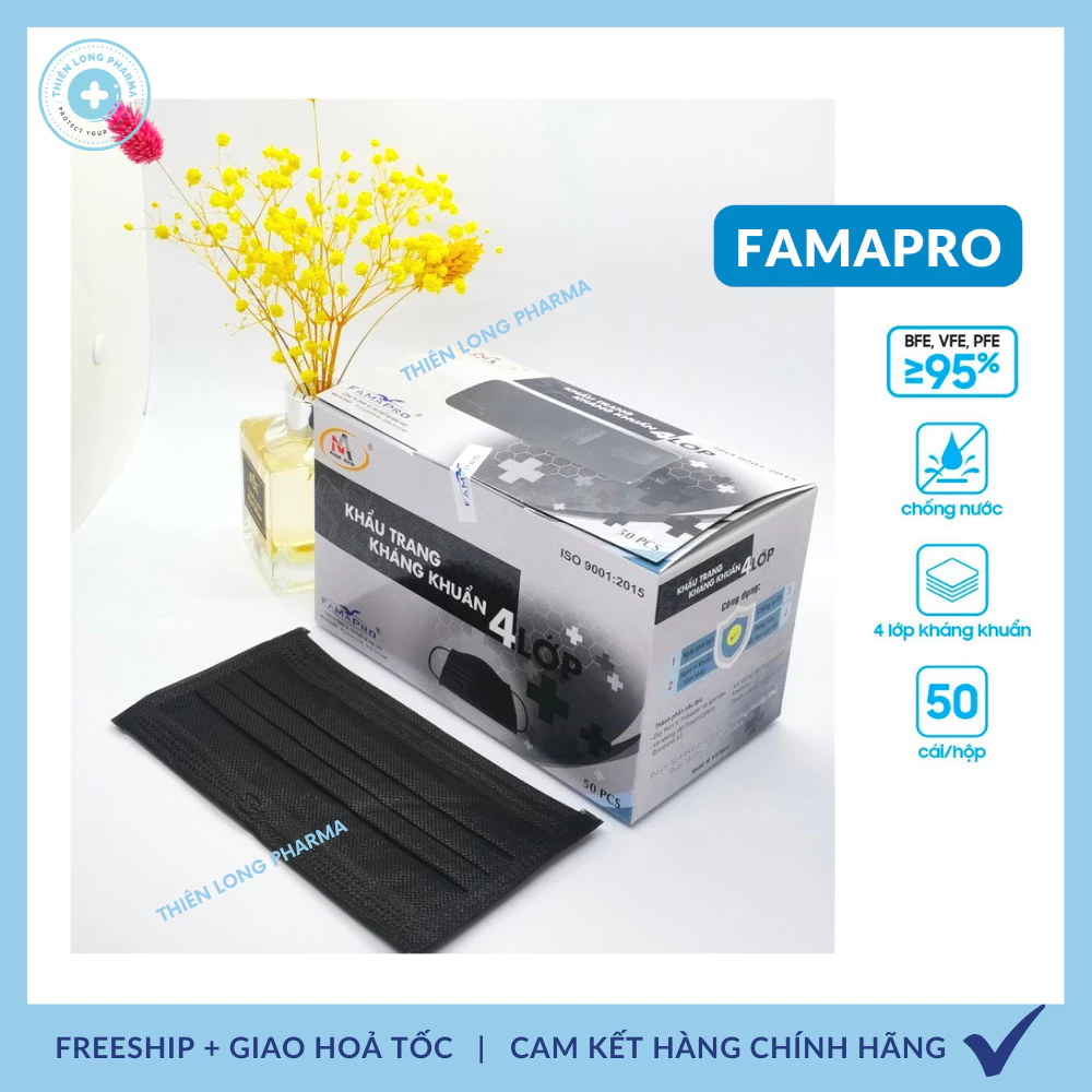 [Hộp 50 Cái] Khẩu trang y tế Famapro 4 lớp giấy kháng khuẩn hàng chính hãng công ty