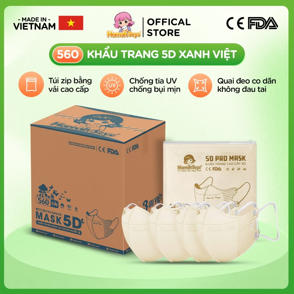 [Thùng 500/560 chiếc] Khẩu trang 5D chống tia UV, chống nắng, bụi mịn 3 lớp Hannah seyo